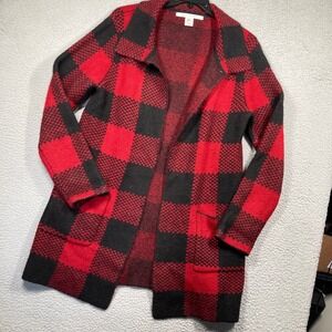 Max Studio Cardigan Sweater Women XL Red Black Buffalo Plaid Wool Blend Cabin